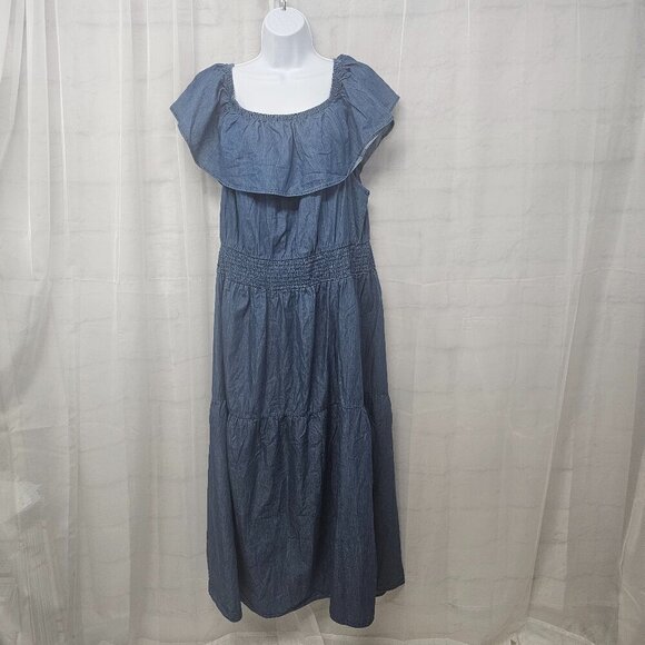 NWT MPH Blue Chambray Peasant Midi Dress Ruffle Boho Cottagecore Tiered 2X - Picture 13 of 13
